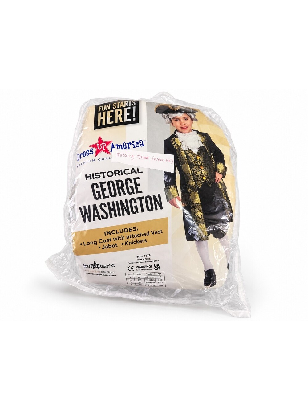 Dress Up America George Washington Kids Colonial Costume Style 878 Missing Jabot